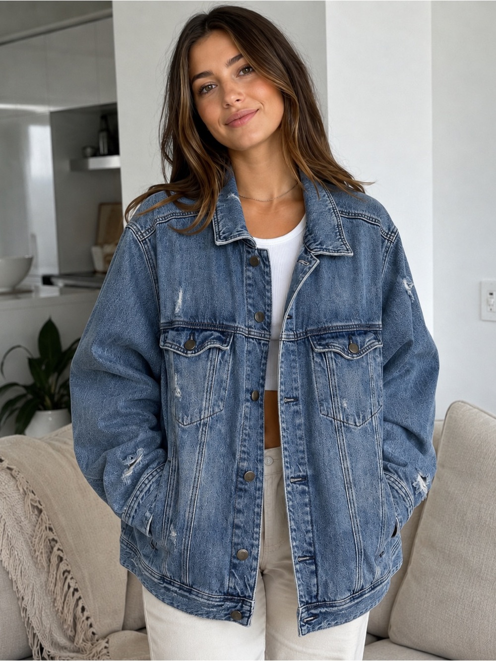 BLANKNYC Women’s Oversized Distressed Denim Jacket XL Blue Jean Trucker Jacket